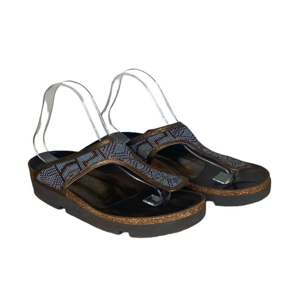 Donald J. Pliner Wedge Sandals Size 8 Penny Blue Beaded Leather Thong T Strap